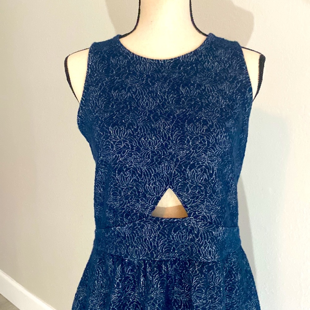 Navy blue and silver skater dress with tummy cut-out